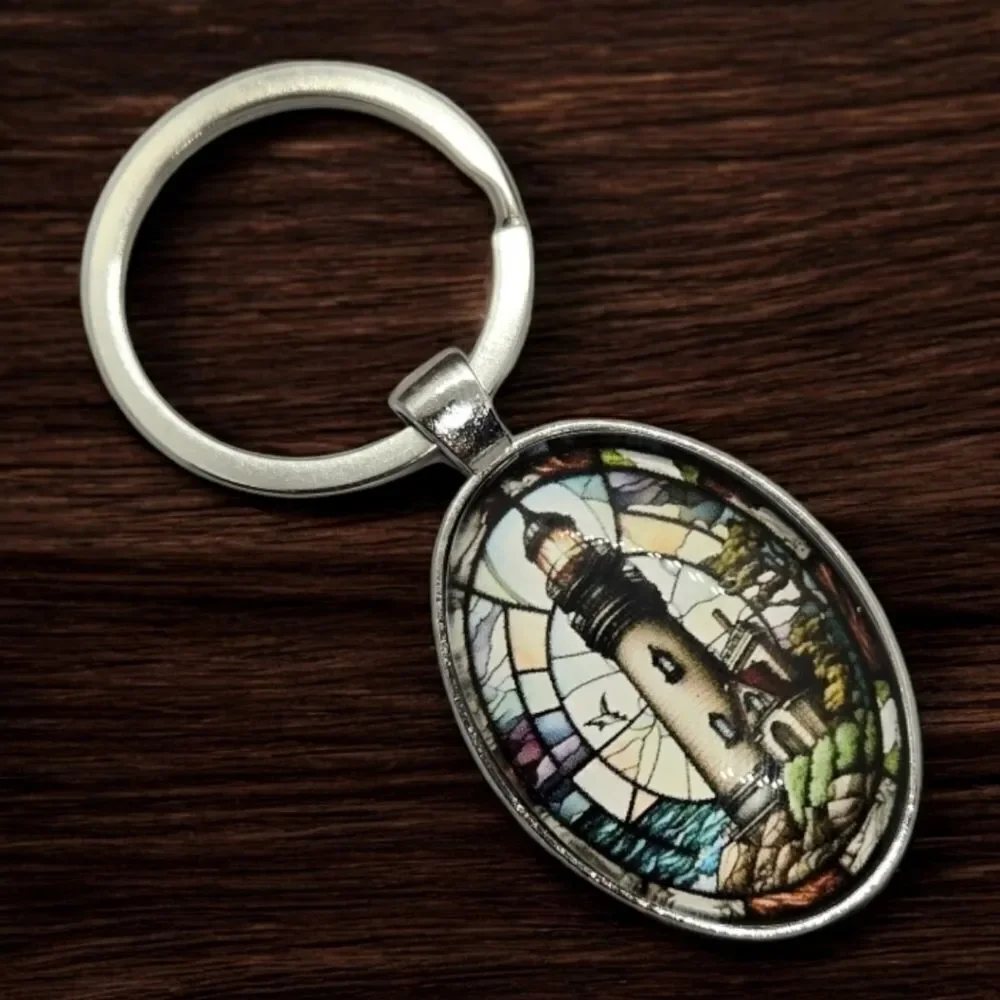 Lighthouse Cabochon Keyring Stained Glass Keychain Key Ring Bag Accessory Chain